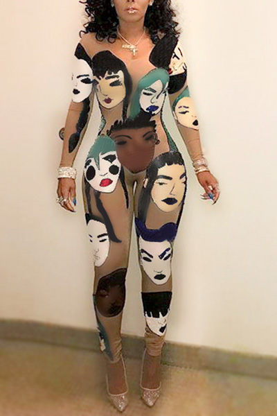 Euramerican Round Neck Long Sleeves Head Portrait Printed Qmilch One-piece Skinny Jumpsuits