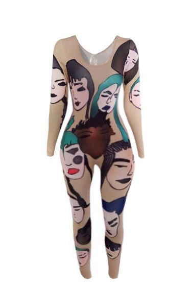 Euramerican Round Neck Long Sleeves Head Portrait Printed Qmilch One-piece Skinny Jumpsuits