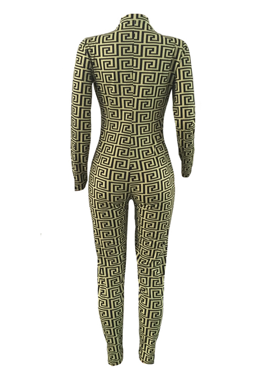 Euramerican V Neck Printed Yellow Cotton Blends One-piece Skinny Jumpsuits