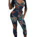 Euramerican V Neck Short Sleeves Printed Blue Cotton Blends One-piece Skinny Jumpsuits(With Belt)