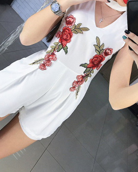 Euramerican V Neck Sleeveless Embroidery White Polyester One-piece Skinny Jumpsuits