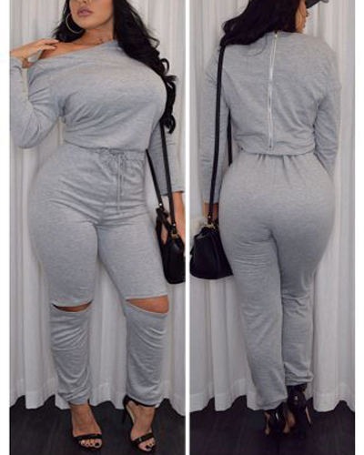 Fashion Long Sleeves Broken Holes Grey Polyester One-piece Jumpsuit