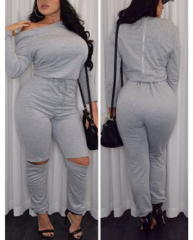 Fashion Long Sleeves Broken Holes Grey Polyester One-piece Jumpsuit