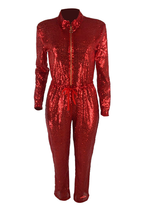 Fashion Mandarin Collar Sequins Decoration Red Polyester One-piece Jumpsuits