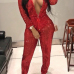 Fashion Mandarin Collar Sequins Decoration Red Polyester One-piece Jumpsuits