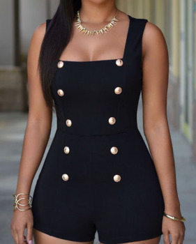 Fashion Square Neck Sleeveless Gold Buttons Decorated Solid Black Polyester One-piece Skinny Jumpsuit