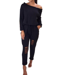 Leisure Dew Shoulder Neck Hollow-out Black Polyester One-piece Jumpsuits
