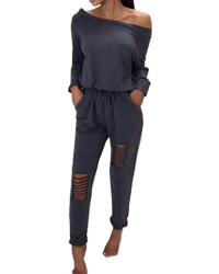 Leisure Dew Shoulder Neck Hollow-out Dark Grey Polyester One-piece Jumpsuits