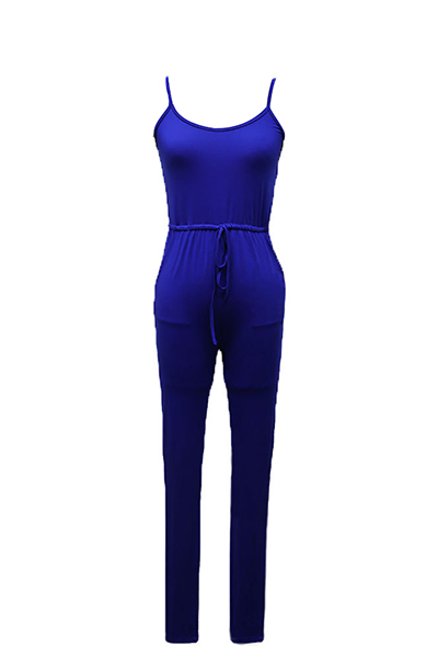Leisure Lace-up Blue Blending One-piece Skinny Jumpsuits