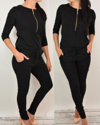 Leisure Round Neck Zipper Design Black Cotton Blends One-piece Jumpsuits