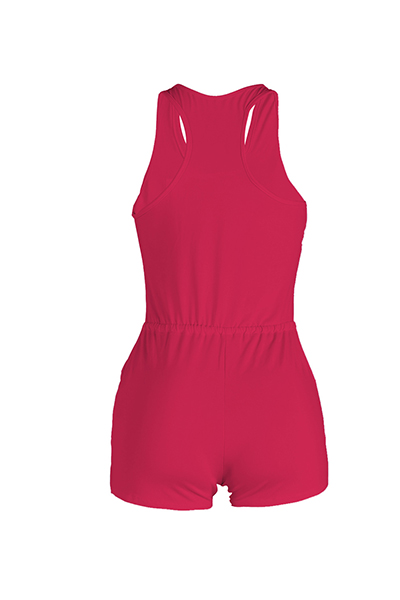 Leisure Sleeveless Drawstring Design Wine Red Polyester One-piece Skinny Jumpsuits