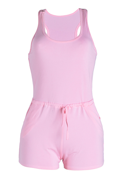 Leisure U-shaped Neck Drawstring Design Pink Qmilch One-piece Skinny Jumpsuits