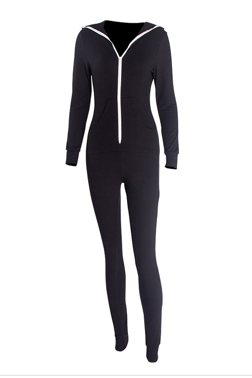 Leisure V Neck Zipper Design Black Cotton One-piece Jumpsuits