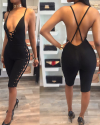 Sexy Backless Black Polyester One-piece Skinny Jumpsuits