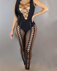 Sexy Deep V Neck Hollow-out Black Twilled One-piece Skinny Jumpsuits (Without Choker)