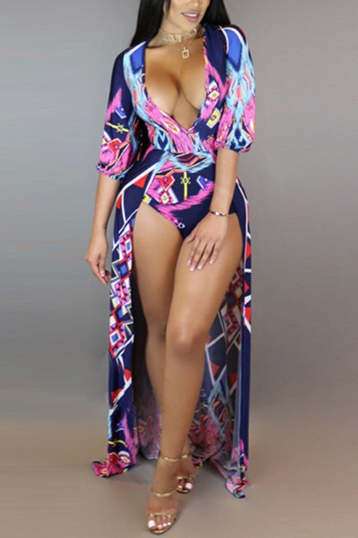 Sexy Deep V Neck Printed Hollow-out Milk Fiber One-piece Skinny Jumpsuits