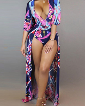 Sexy Deep V Neck Printed Hollow-out Milk Fiber One-piece Skinny Jumpsuits