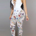 Sexy Deep V Neck Printed Hollow-out White Milk Fiber One-piece Skinny Jumpsuits