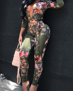 Sexy Deep V Neck Printed Knitting One-piece Skinny Jumpsuits(Without Belt)