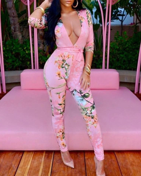 Sexy Deep V Neck Printed Pink Cotton One-piece Jumpsuits