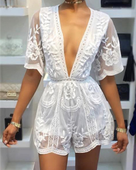 Sexy Deep V Neck See-Through White Lace One-piece Jumpsuits