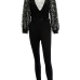 Sexy Deep V Neck Sequined Decorative Black Polyester One-piece Jumpsuits