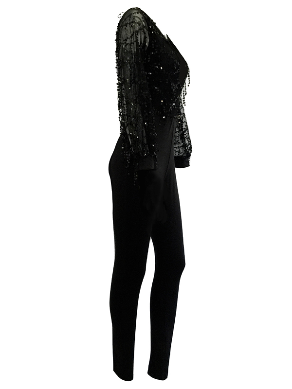 Sexy Deep V Neck Sequined Decorative Black Polyester One-piece Jumpsuits