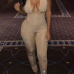 Sexy Deep V Neck Sequined Decorative Khaki Polyester One-piece Jumpsuits