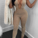 Sexy Deep V Neck Sequined Decorative Khaki Polyester One-piece Jumpsuits