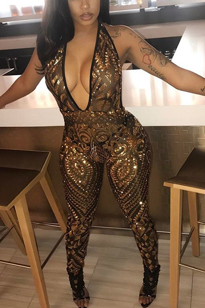 Sexy Deep V Neck Sleeveless Backless Gold  Sequined One-piece Skinny Jumpsuits