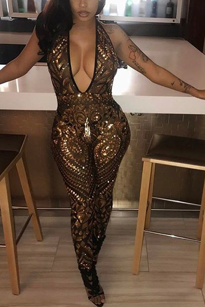 Sexy Deep V Neck Sleeveless Backless Gold  Sequined One-piece Skinny Jumpsuits