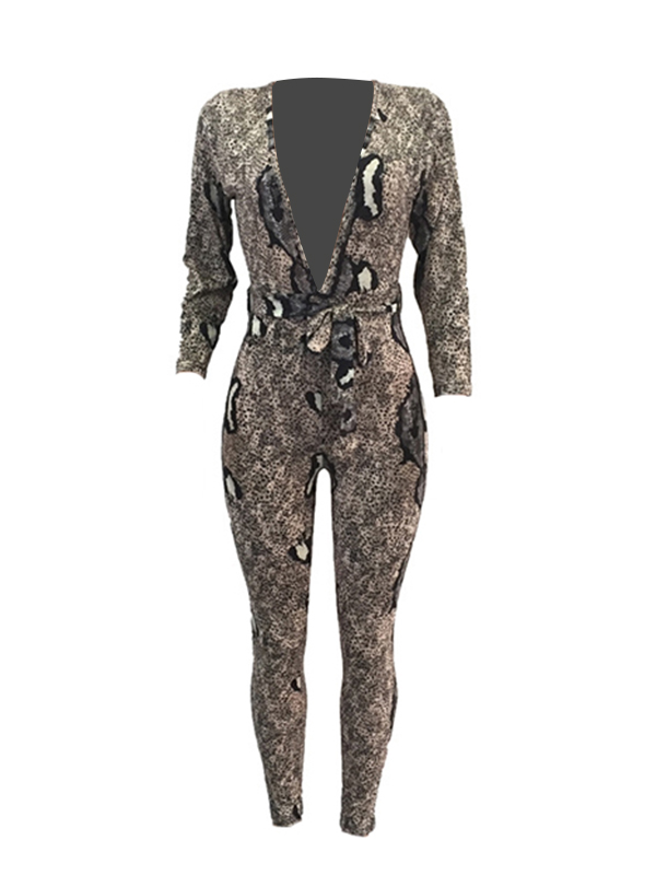 Sexy Deep V Neck Snakeskin Printing Polyester One-piece Jumpsuits