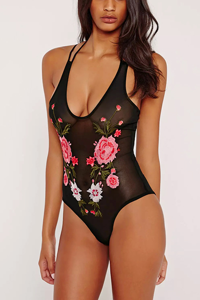 Sexy Embroidery See-Through Black Acrylic One-piece Skinny Jumpsuits