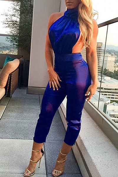 Sexy Halter Neck Backless Blue Polyester One-piece Skinny Jumpsuits