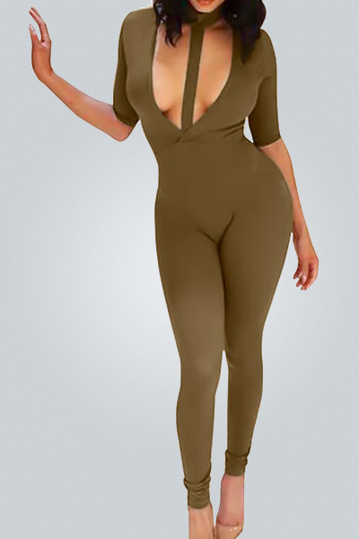 Sexy Halter Neck Short Sleeves Hollow-out Army Green Blending One-piece Skinny Jumpsuits