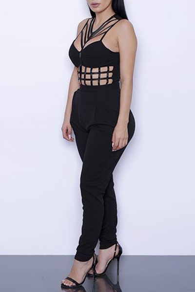 Sexy Halter Neck Sleeveless Hollow-out Black Polyester One-piece Jumpsuits