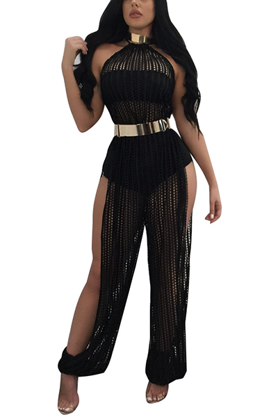 Sexy Hollow-out Black Lace One-piece Skinny Jumpsuits(Without Choker And Belt)