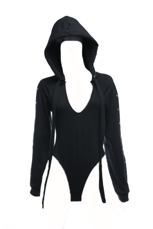 Sexy Hooded Collar Hollow-out Black Cotton Jumpsuits