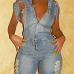 Sexy Hooded Collar Short Sleeves Hollow-out Blue Denim One-piece Loose Jumpsuits