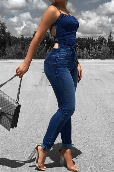 Sexy Lace-up Hollow-out Denim One-piece Skinny Jumpsuits