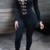 Sexy Long Sleeves Front Lace-up Hollow-out Solid Black Polyester One-piece Skinny Jumpsuit