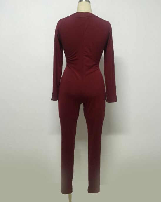 Sexy Long Sleeves Front Lace-up Hollow-out Wine Red Polyester One-piece Skinny Jumpsuit