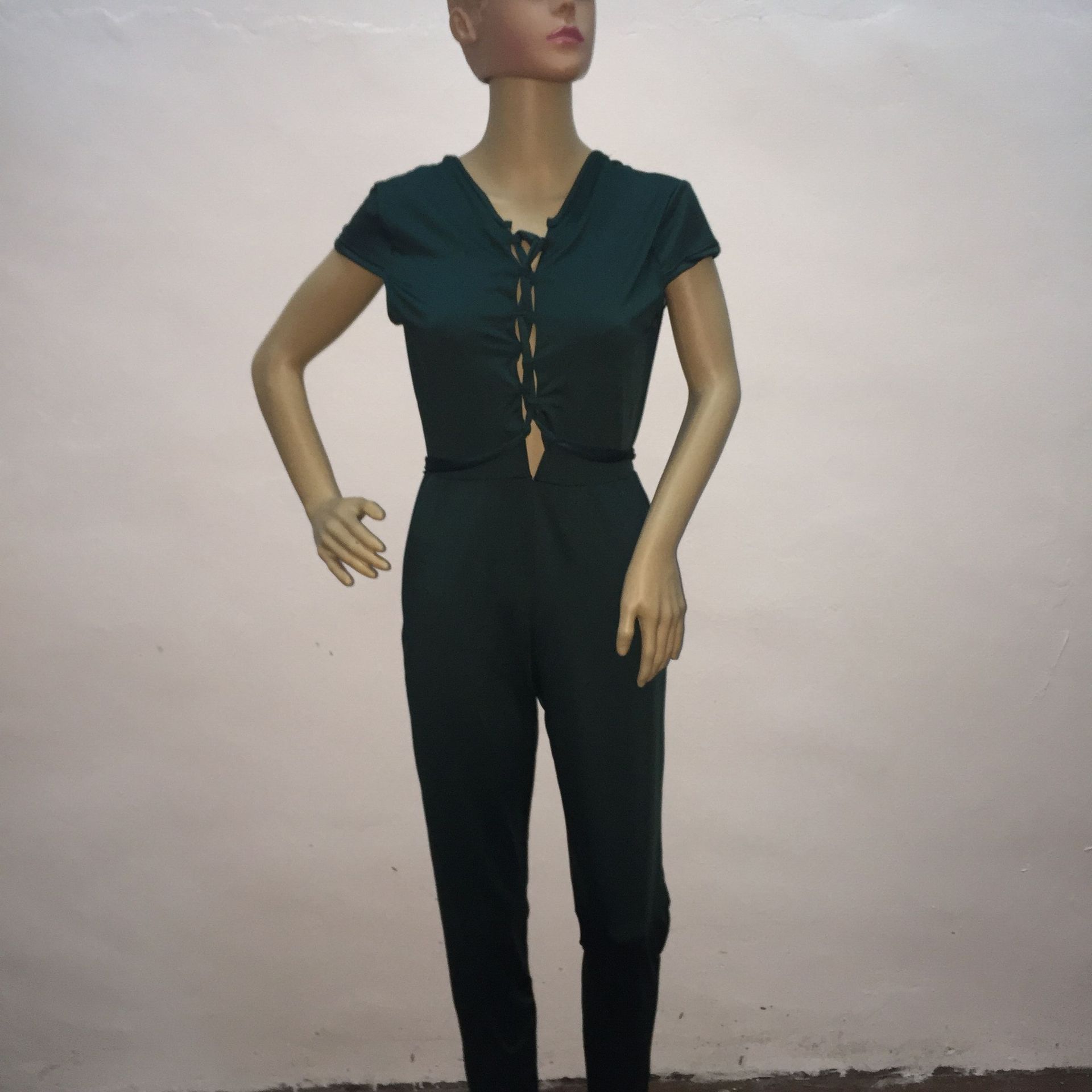 Sexy O Neck Short Sleeves Front Lace-up Hollow-out Backless Solid Green Cotton Blend One-piece Skinny Jumpsuit