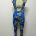 Sexy O Neck Sleeveless Backless Leopard Print Blue Polyester One-piece Skinny Jumpsuit