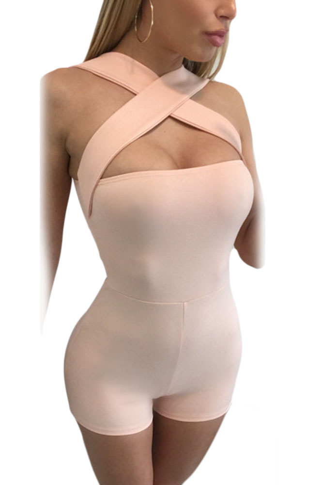 Sexy Off The Shoulder Bandage Pink Polyester One-piece Skinny Jumpsuits