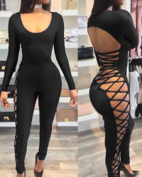 Sexy Round Neck Hollow-out Black Milk Fiber One-piece Skinny Jumpsuits