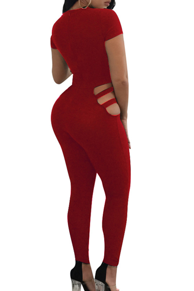Sexy Round Neck Hollow-out Red Twilled One-piece Jumpsuits