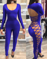 Sexy Round Neck Hollow-out Royalblue Milk Fiber One-piece Skinny Jumpsuits