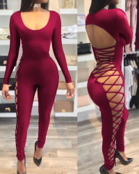 Sexy Round Neck Hollow-out Wine Red Milk Fiber One-piece Skinny Jumpsuits