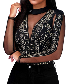 Sexy Round Neck Long Sleeves Gauze Patchwork Hollow-out Black Polyester One-piece Jumpsuits